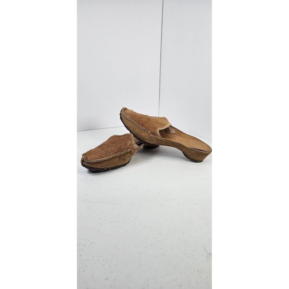 Y2K Art Effects Mules Shoes Sz 7 Tan Leather Pony‎ Hair Sandals Slip On Brazil